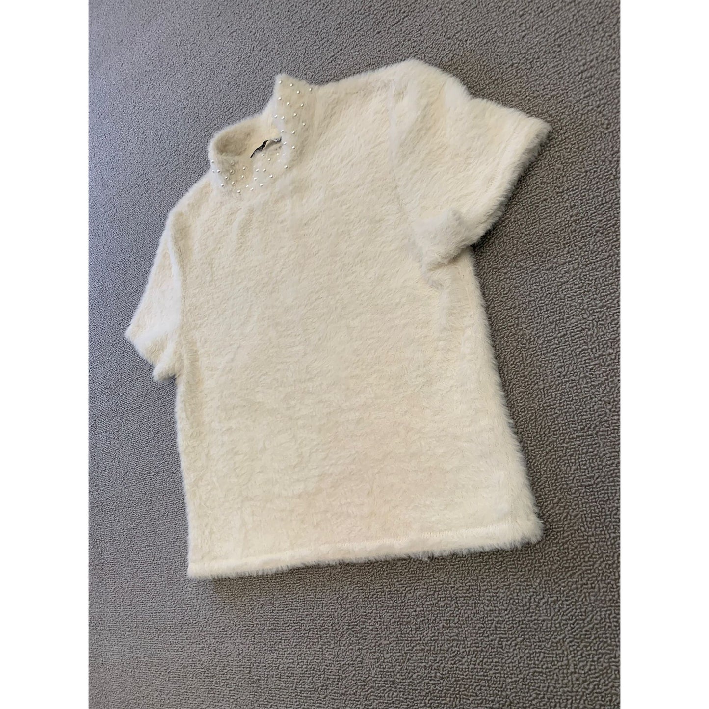 Zara Women's Medium White Pearl Embellished Short Sleeve Fluffy Top
