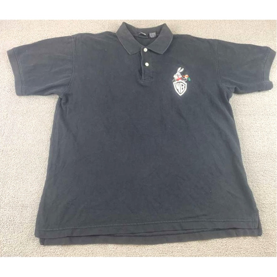 Vintage 90s Warner Bros Studio Store Polo Men L Black Bugs Bunny Embroidery