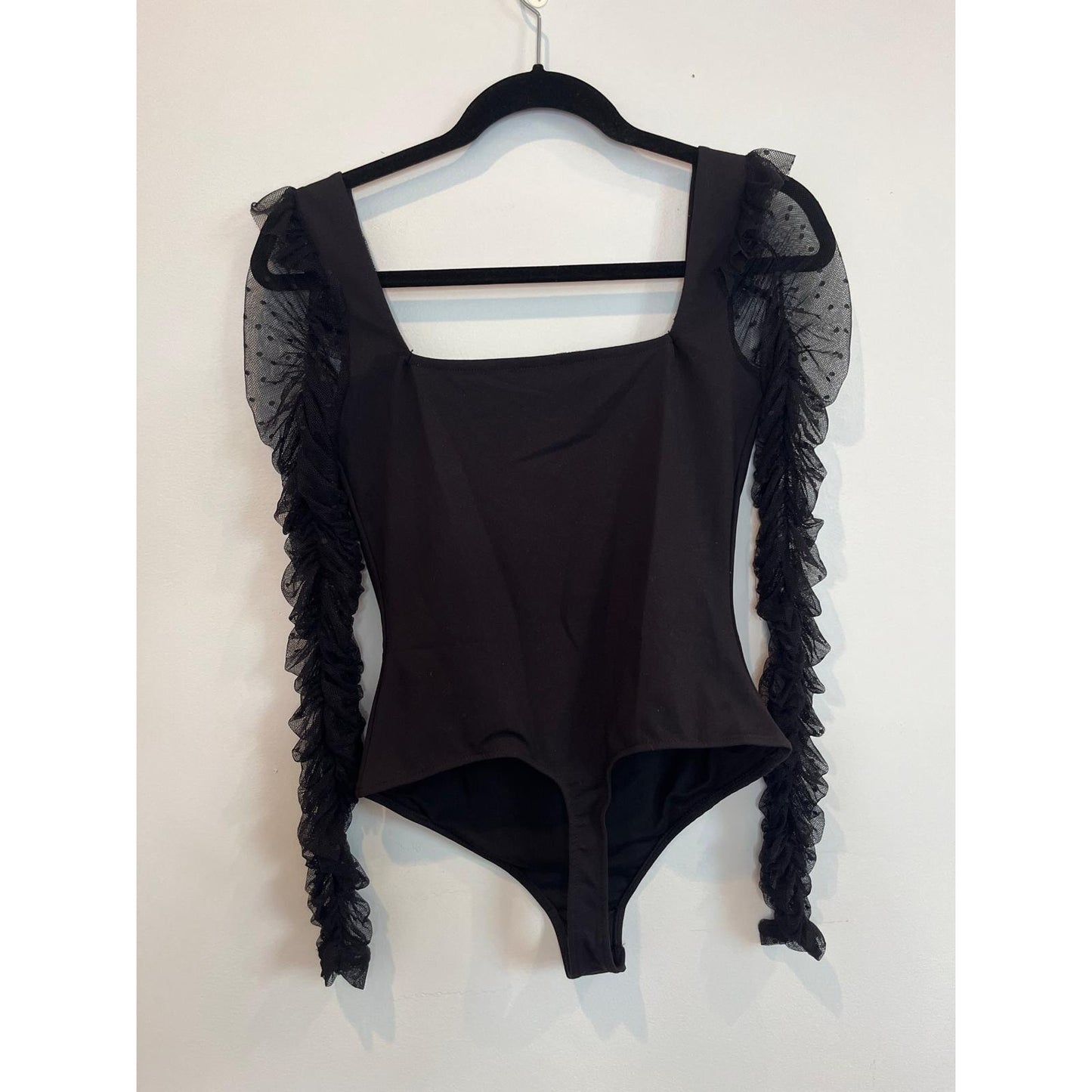 Free People Bodysuit Women S Black Mesh Ruffle Sleeve Sheer Tulle Trim