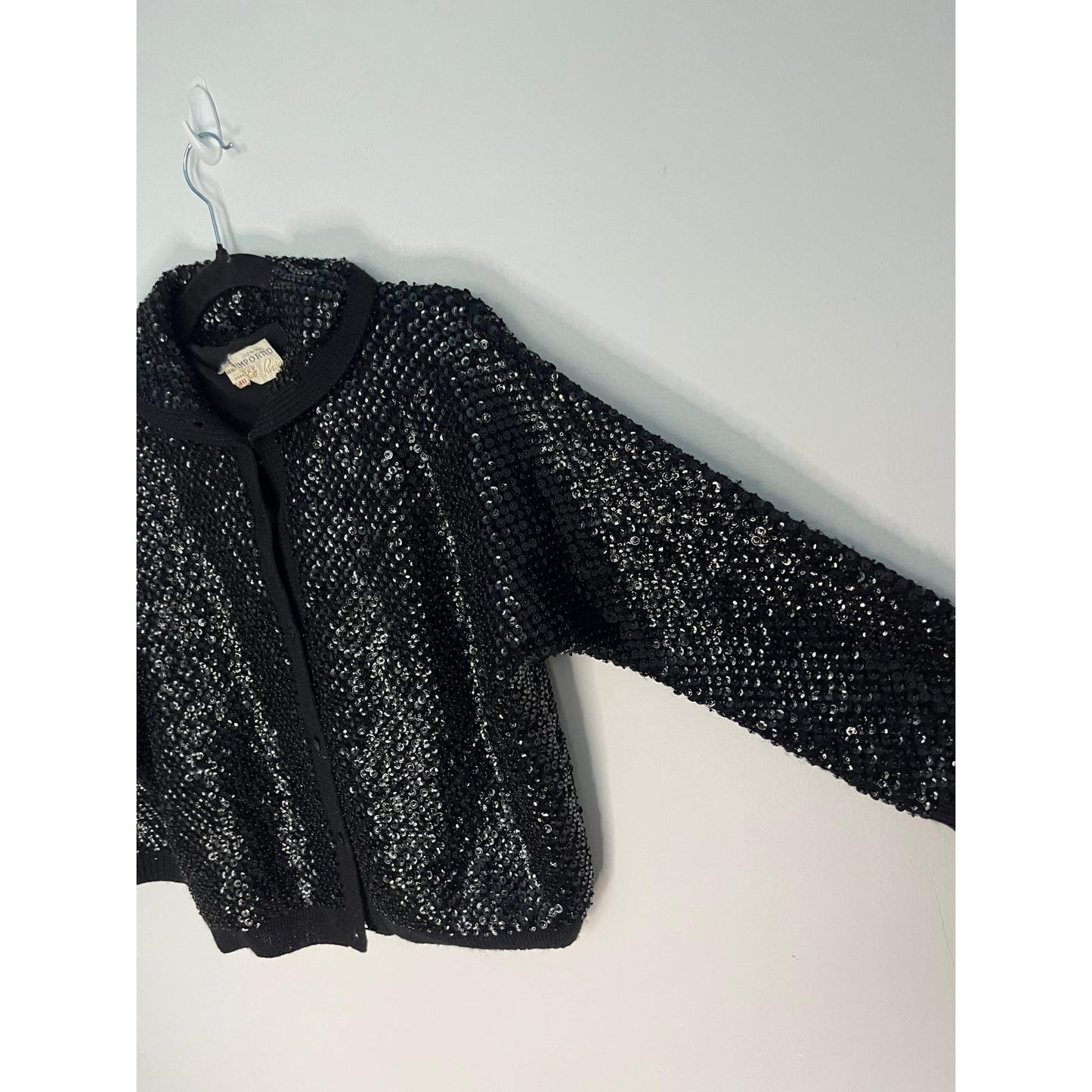 Riviera Sequin Wool Cardigan Sweater Womens 40 Black Vintage Beaded Button Up
