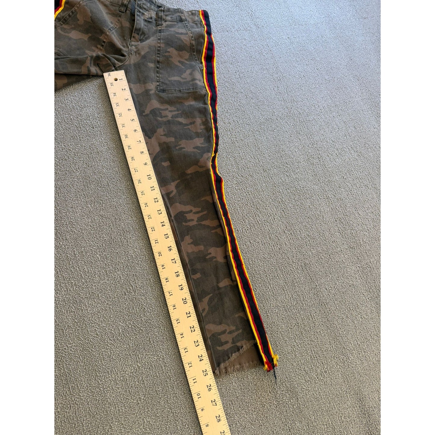 PAM & GELA Women's 24 Camo Camouflage Red Yellow Stripe Distressed Pants