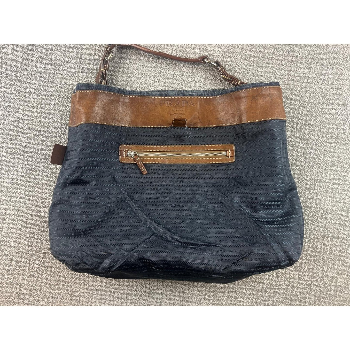 Authentic Prada Milano Blue Women's Washed Denim Logo Hobo Handbag