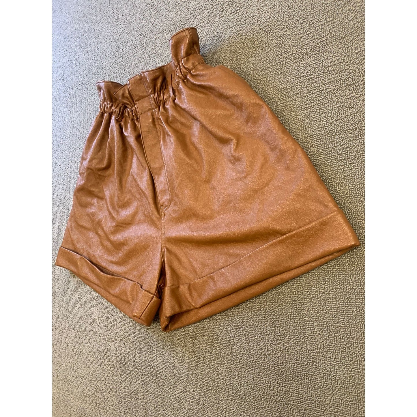 Ronny Kobo Women Large Brown Faux Leather Paperbag Shorts