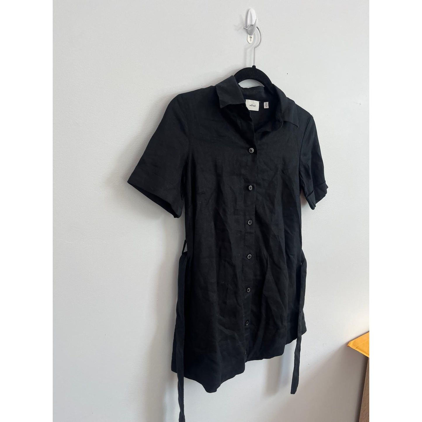 Wilfred Button Up Shirt Dress Women 2XS Black Linen Short Sleeve Belted