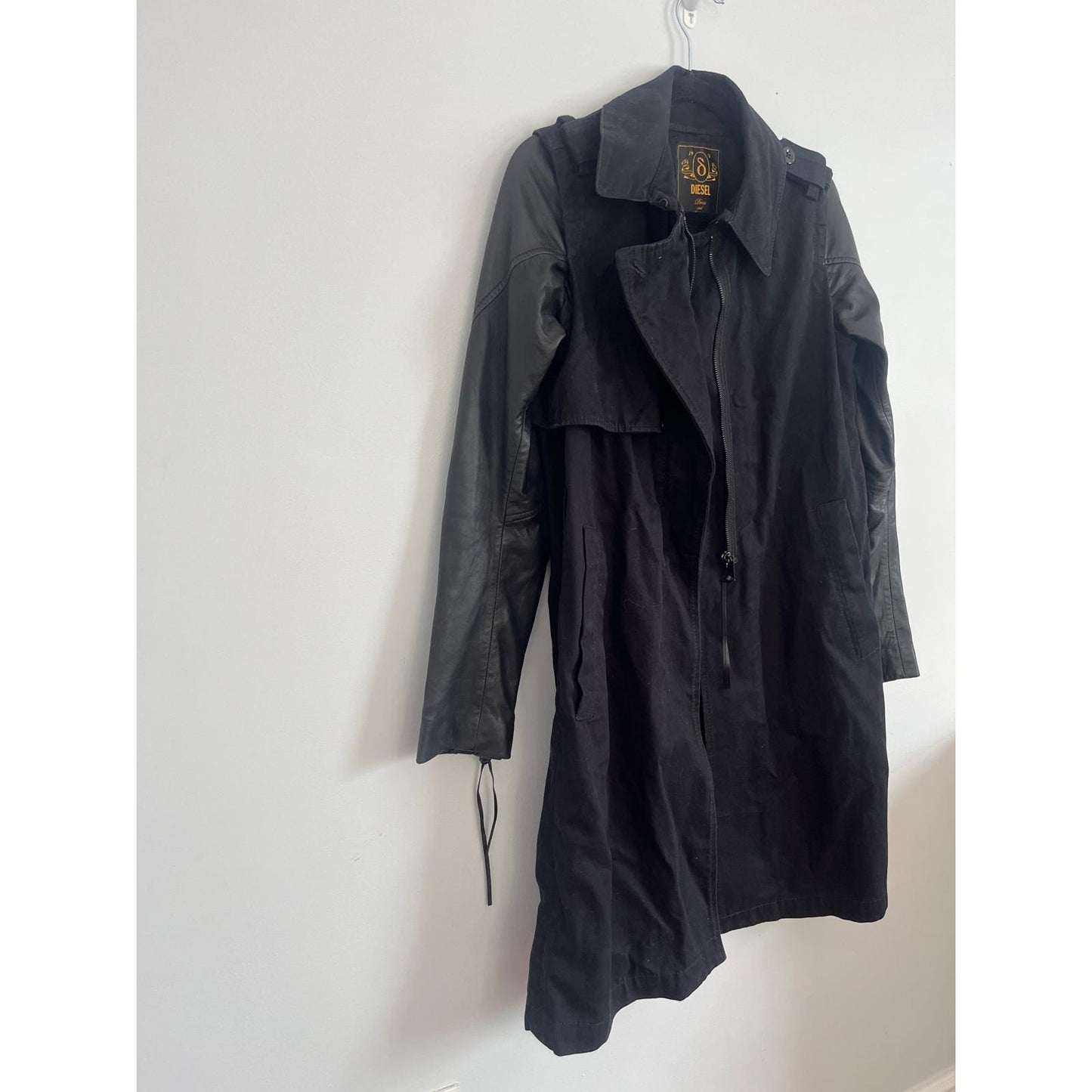 Diesel Trench Coat Female L Black Mixed Media Leather Sleeve Jacket