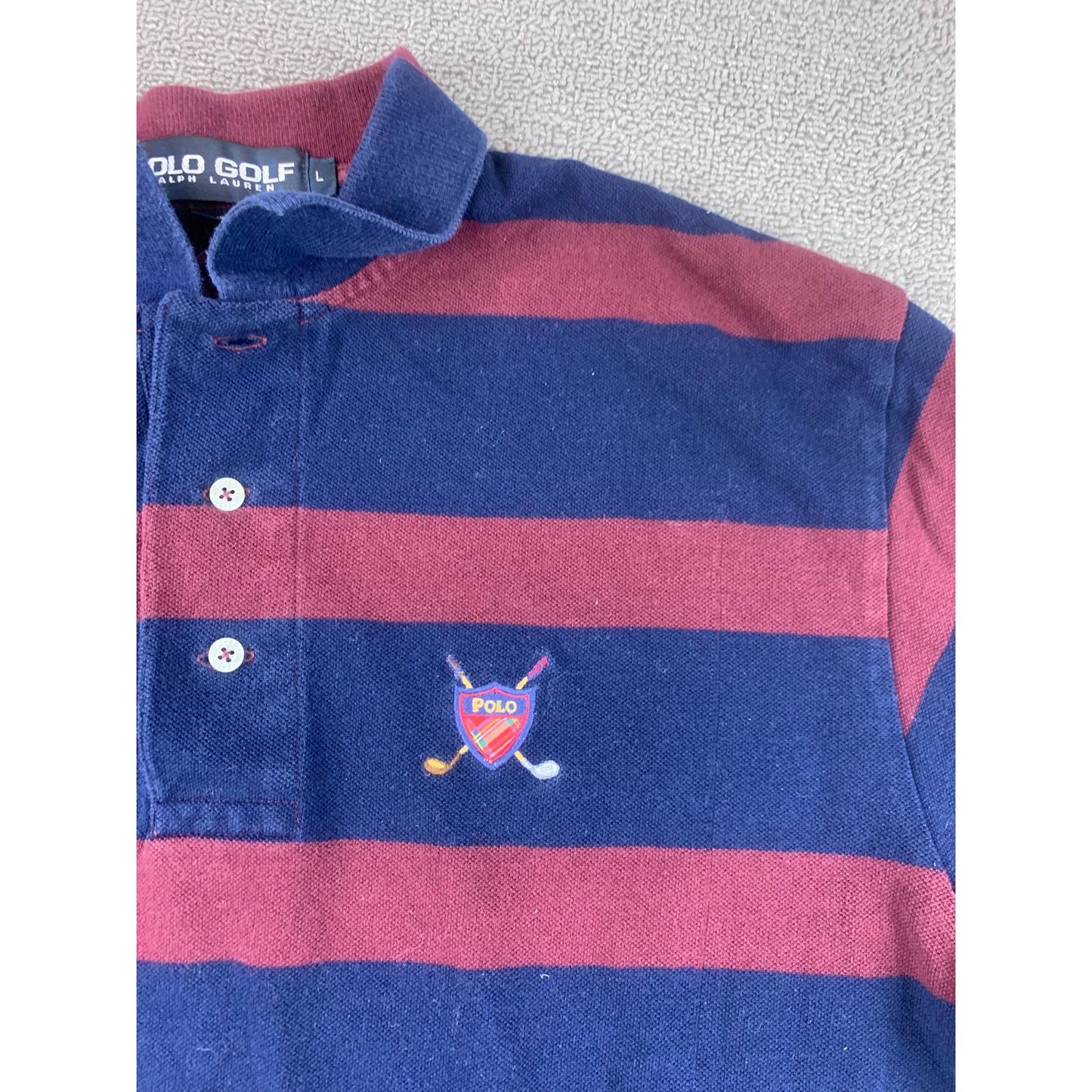Polo Golf Ralph Lauren Polo Shirt Men's L Navy Burgundy Rugby Stripe Crest