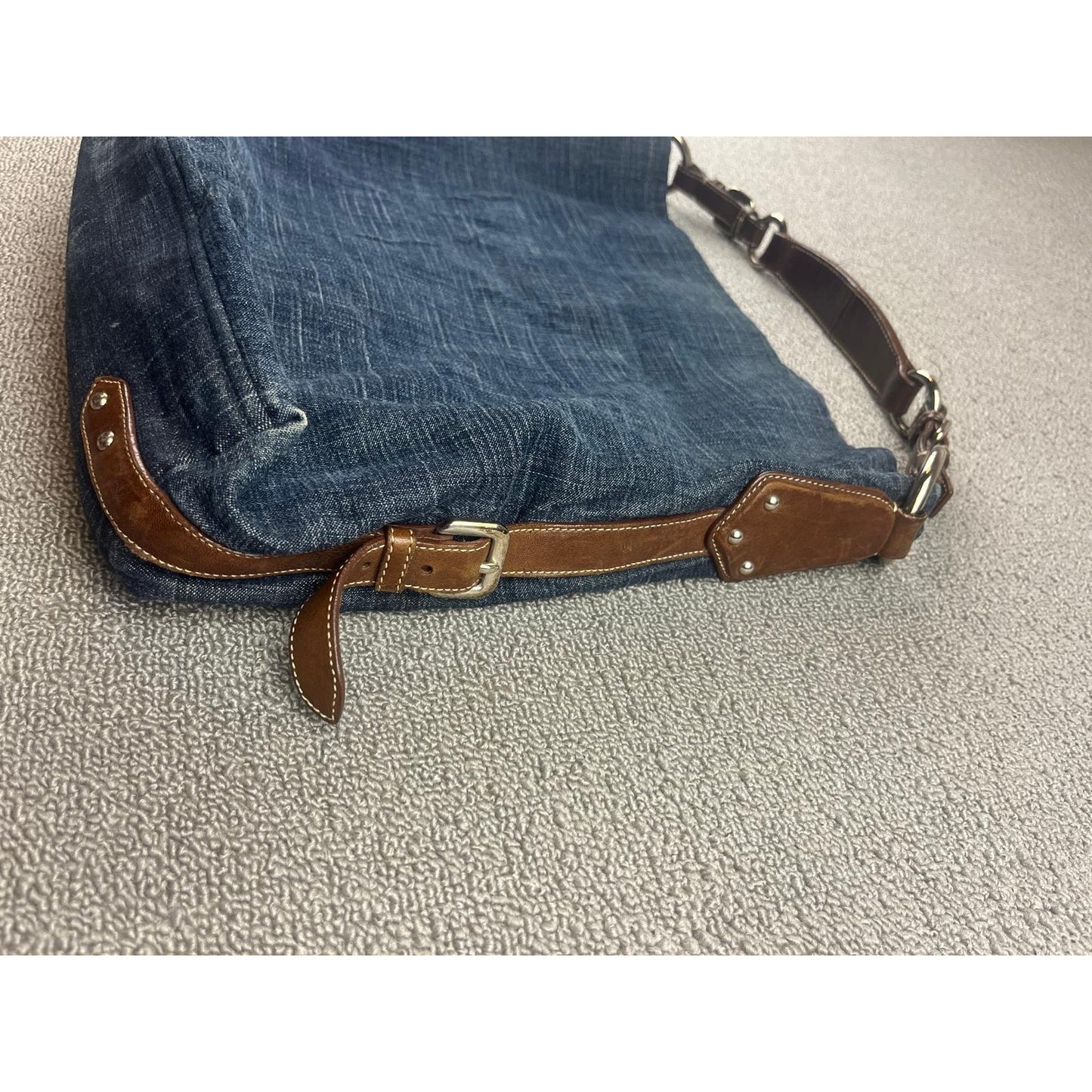 Authentic Prada Milano Blue Women's Washed Denim Logo Hobo Handbag