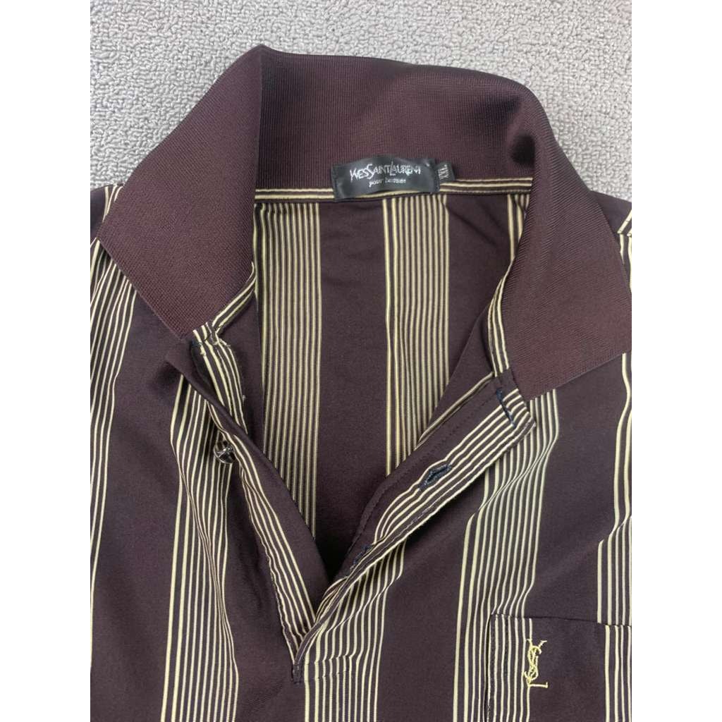 Yves Saint Laurent Polo Men XXL Brown Tan Shirt Vertical Stripe Embroidered Logo