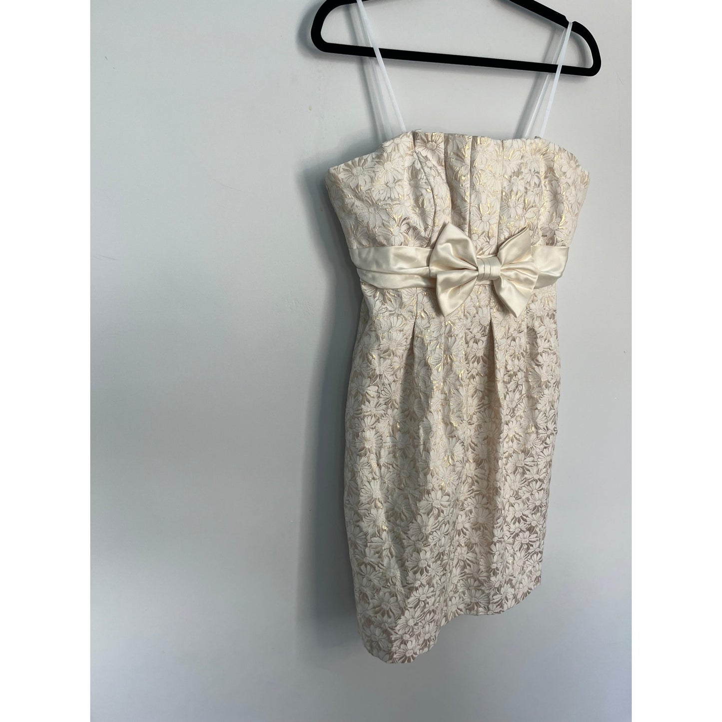 Betsy & Adam Strapless Mini Dress Women 12 Floral Brocade Bow Cream Gold