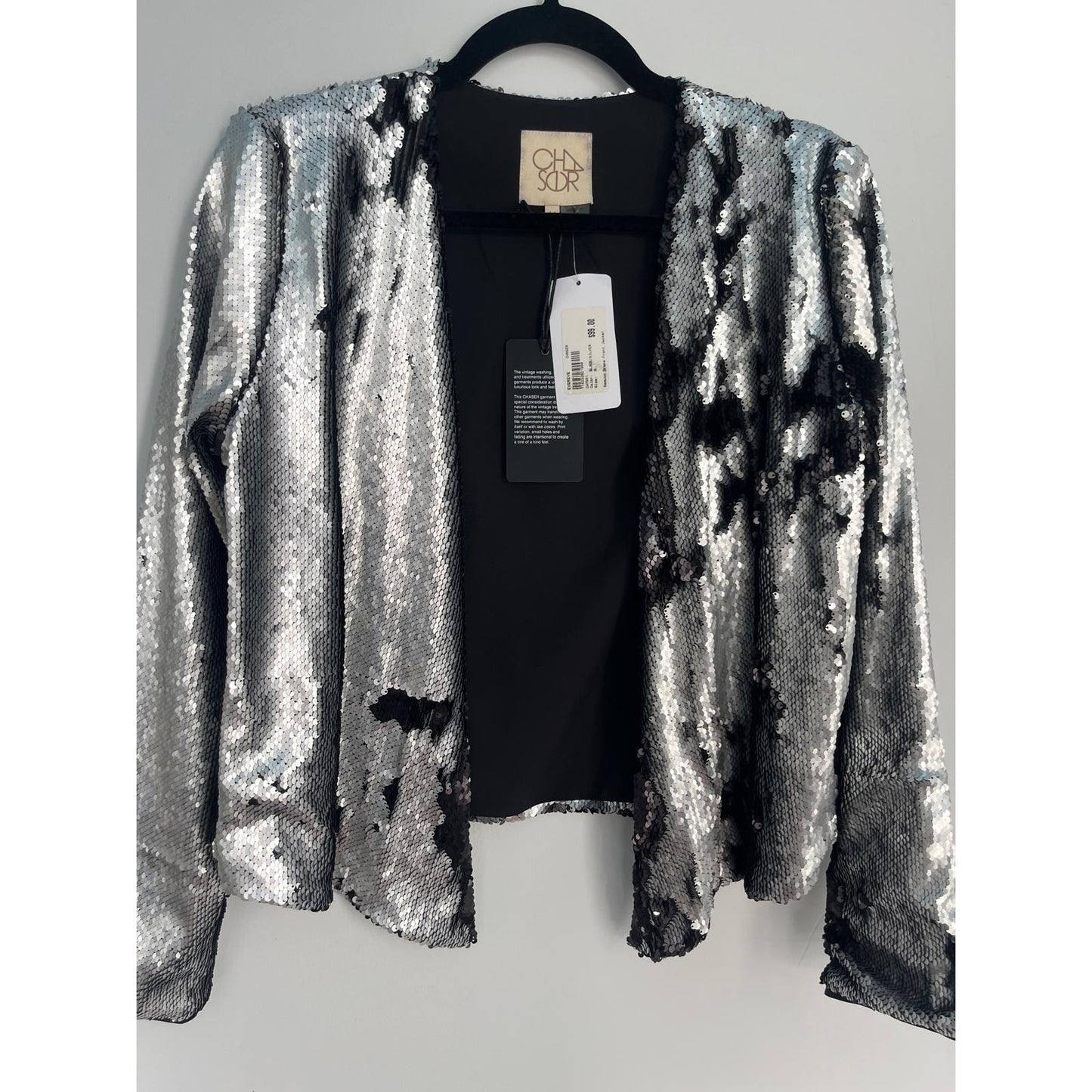 Chaser Sequin Jacket Women Medium Silver Black Open Front Party Blazer NWT