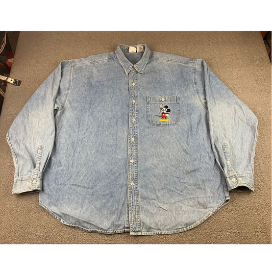 Vintage Disney Store Men's XXL Blue Denim Shirt Long Sleeve Mickey Flip Coin