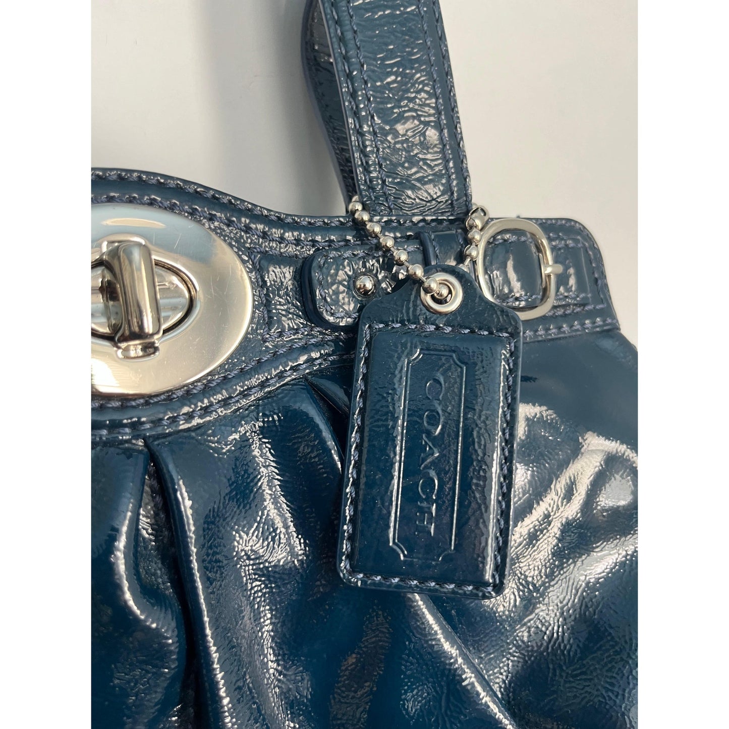 Coach Patent Leather Vintage Shoulder Bag Women Navy Pleated Turnlock Tote