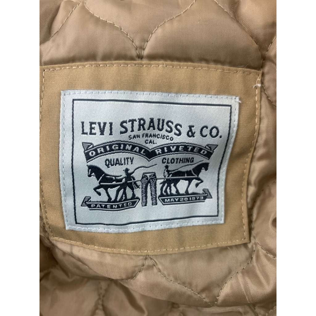 Levi’s Hooded Parka Jacket Women L Tan Faux Fur Trim Quilted Lining Drawcord