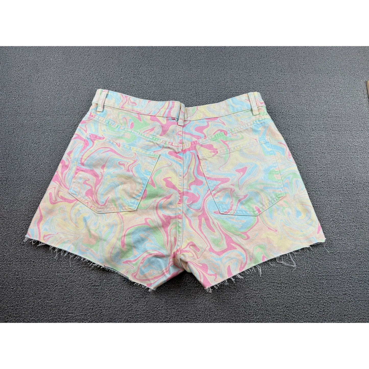 Zara Women's 10 Pastel Multi-Color Frayed Hem Swirl Print Tie Die Denim Shorts