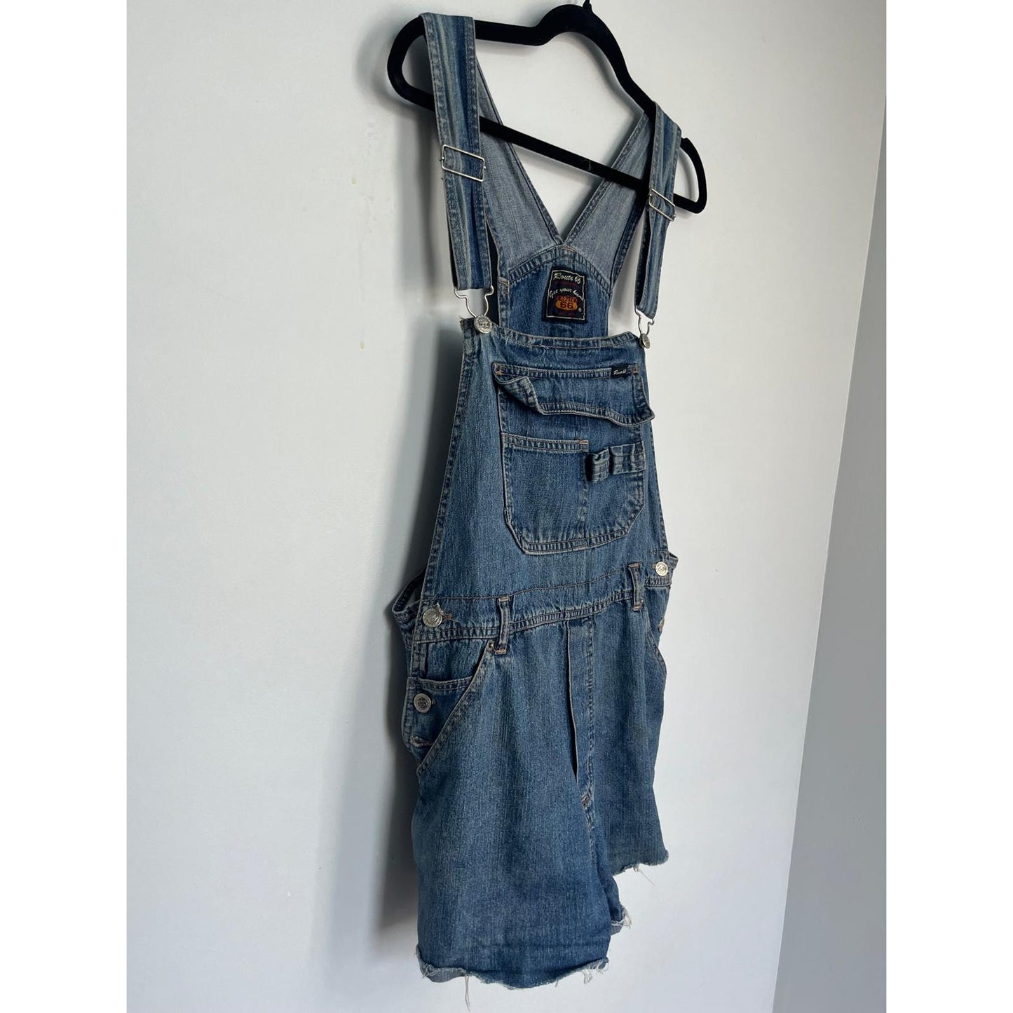 Route 66 Denim Overalls Shorts Women L Vintage Distressed Carpenter Utility