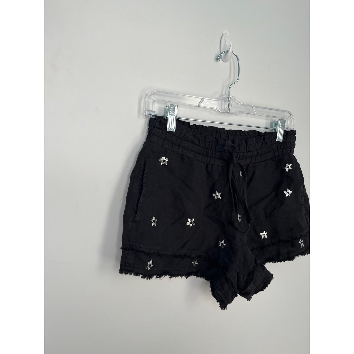 Bella Dahl Shorts Women XS Black Star Print Frayed Hem Linen Summer