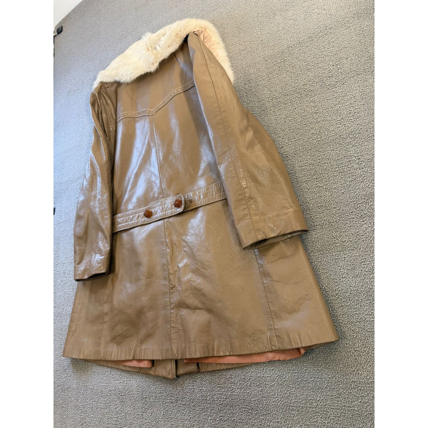 24K LEATHER Vintage Women's Beige Fur Collar Coat Jacket Vintage Retro Style