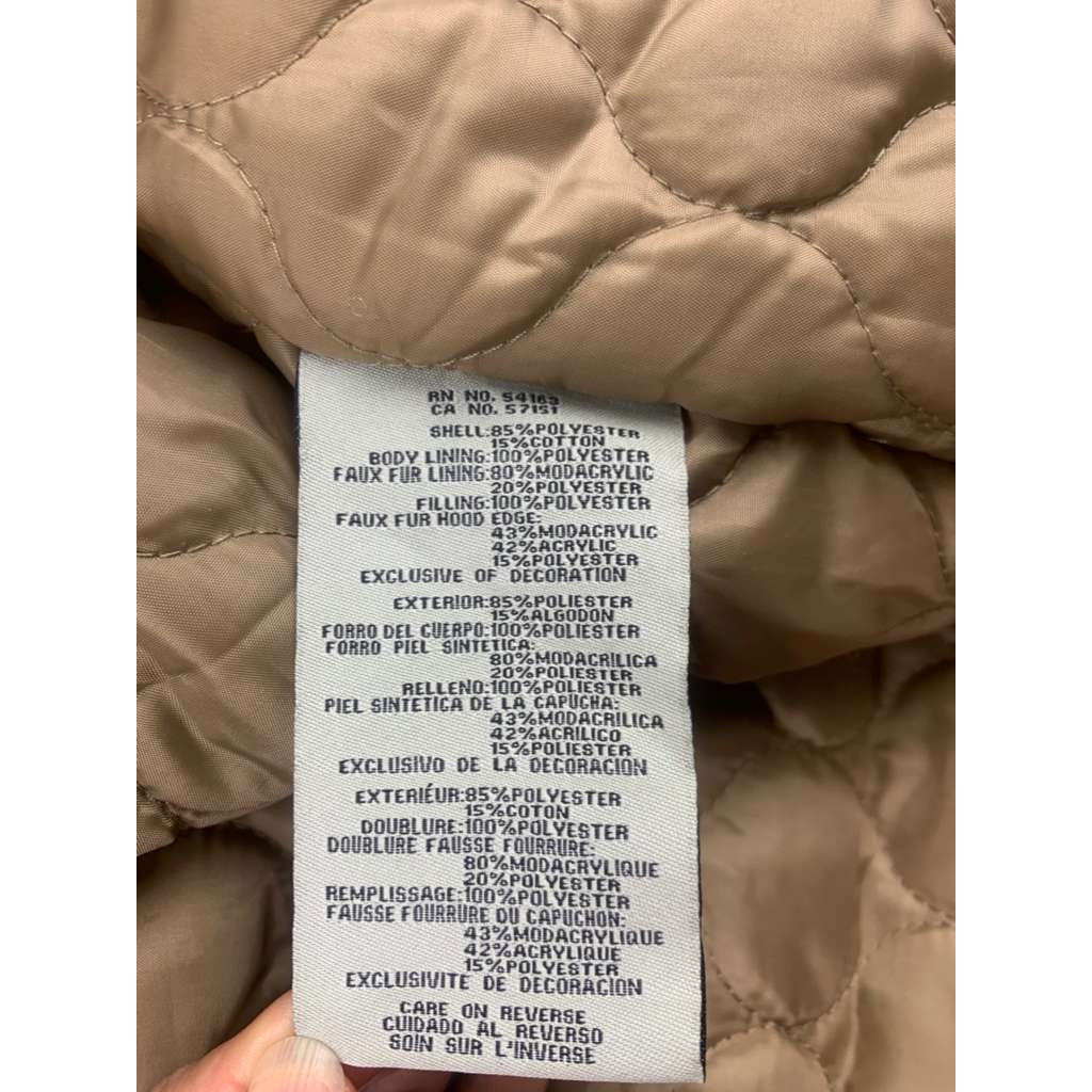Levi’s Hooded Parka Jacket Women L Tan Faux Fur Trim Quilted Lining Drawcord