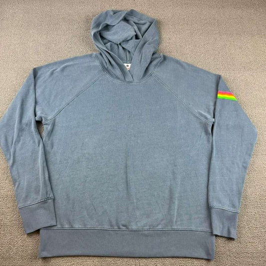 Sundry Pullover Hoodie Women 1 Blue Rainbow Stripe Sleeve Made USA