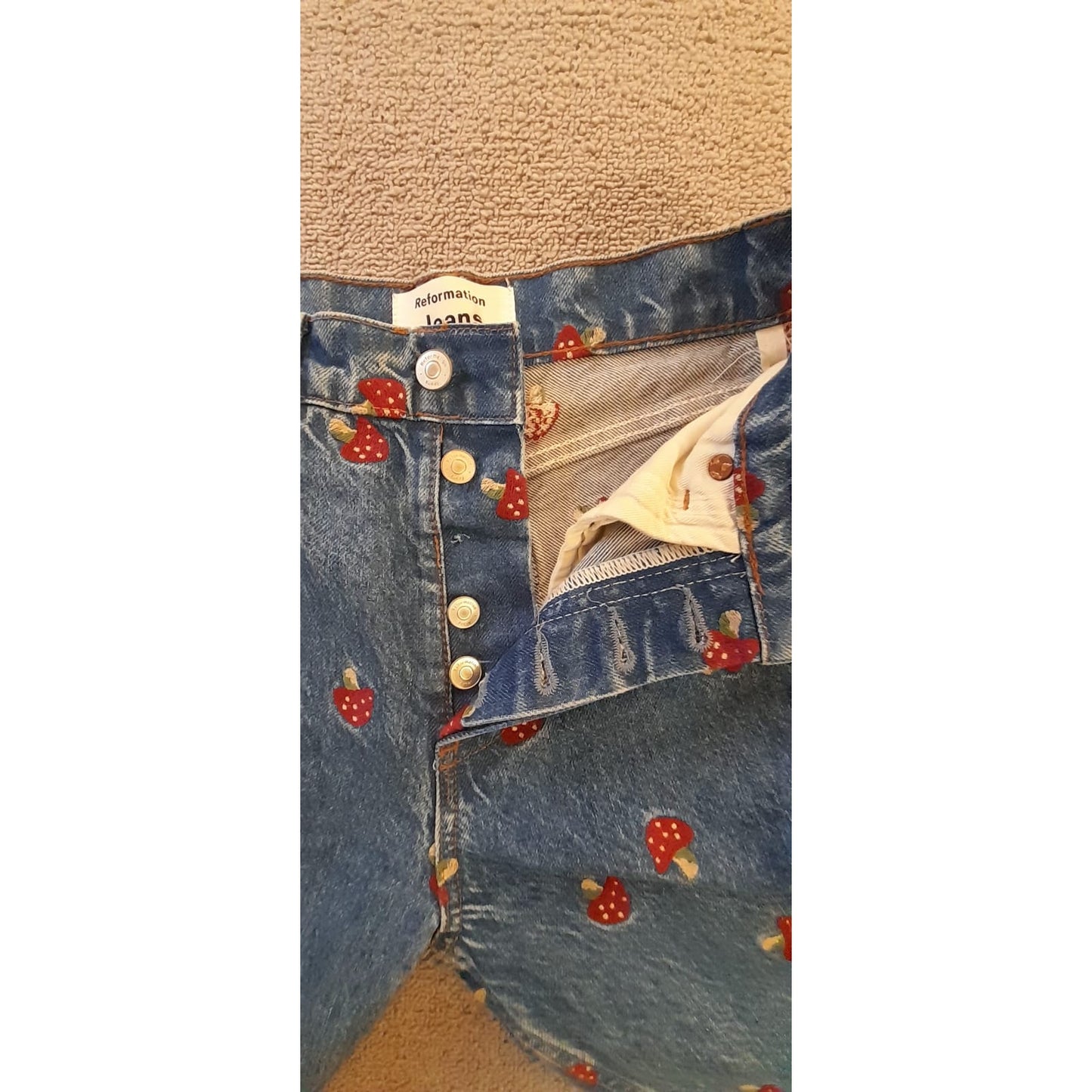 Reformation Jeans Womens 24 Blue Mushroom Print Straight Leg Denim