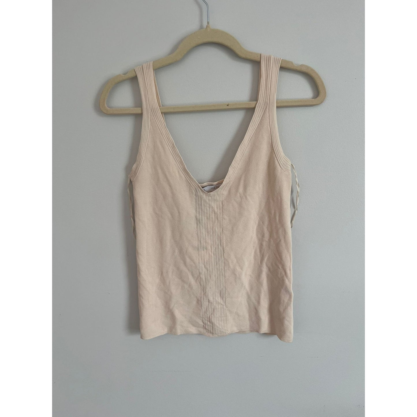 ZARA Tank Top Women M Beige Ribbed Knit Square Neck Sleeveless