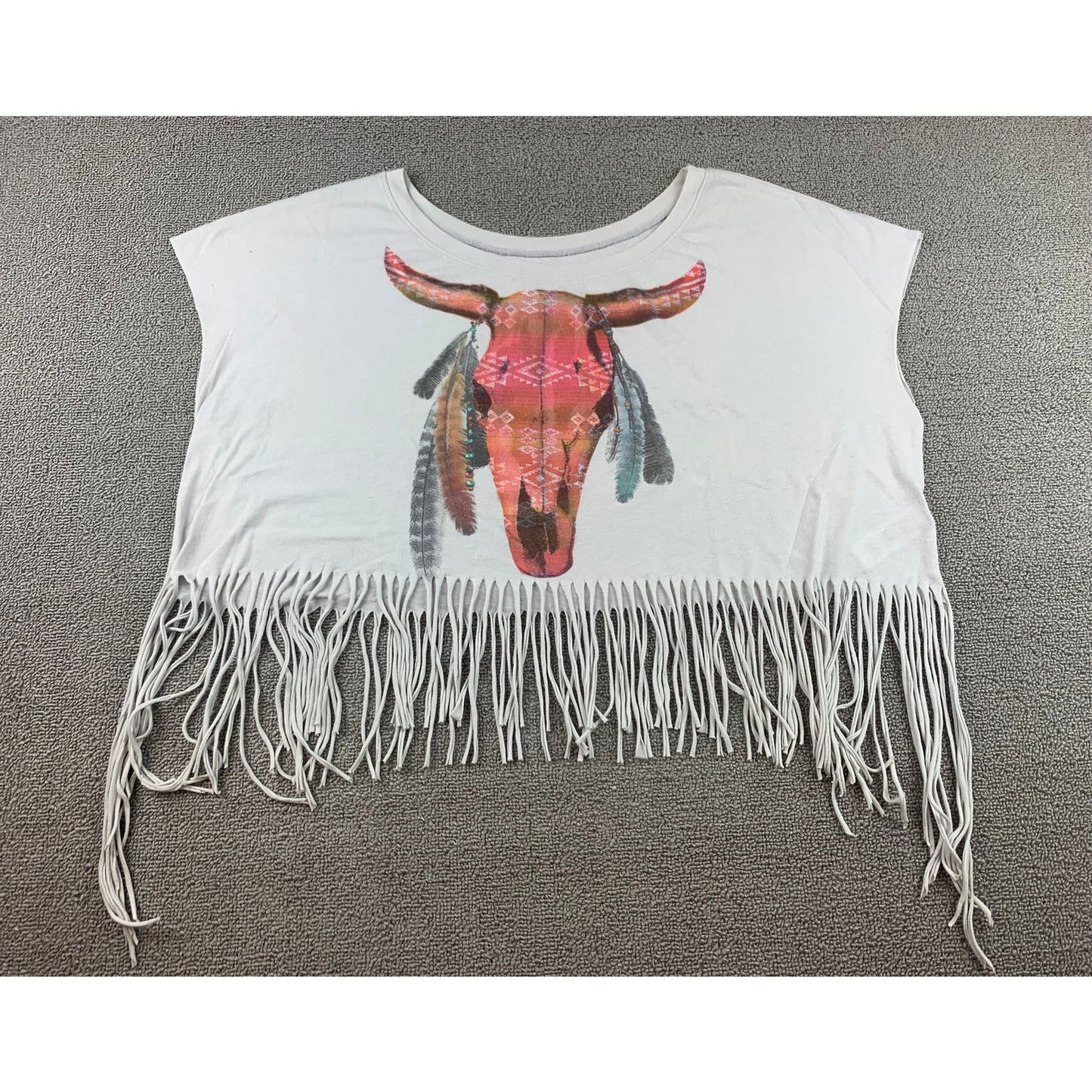 Forever 21 Women M White Western Bull Skull Graphic Fringe Cropped T-Shirt