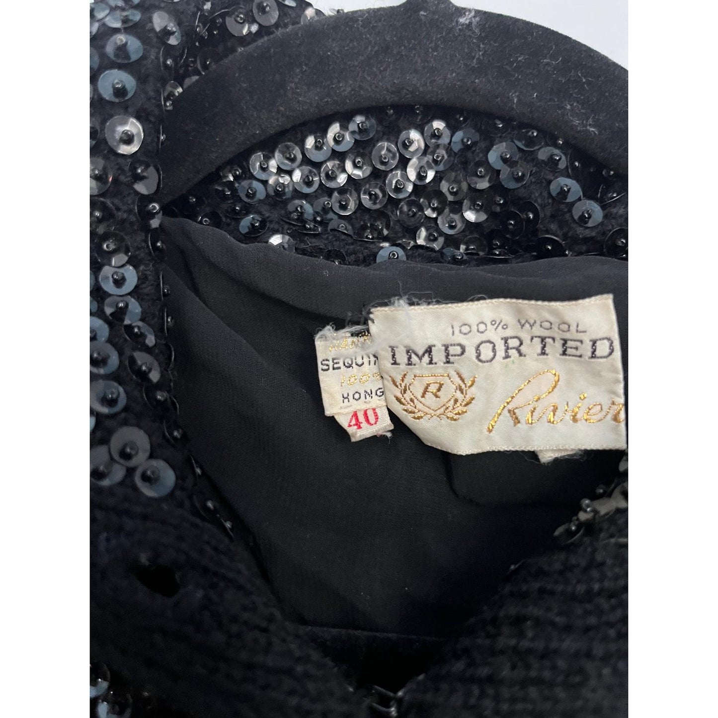 Riviera Sequin Wool Cardigan Sweater Womens 40 Black Vintage Beaded Button Up