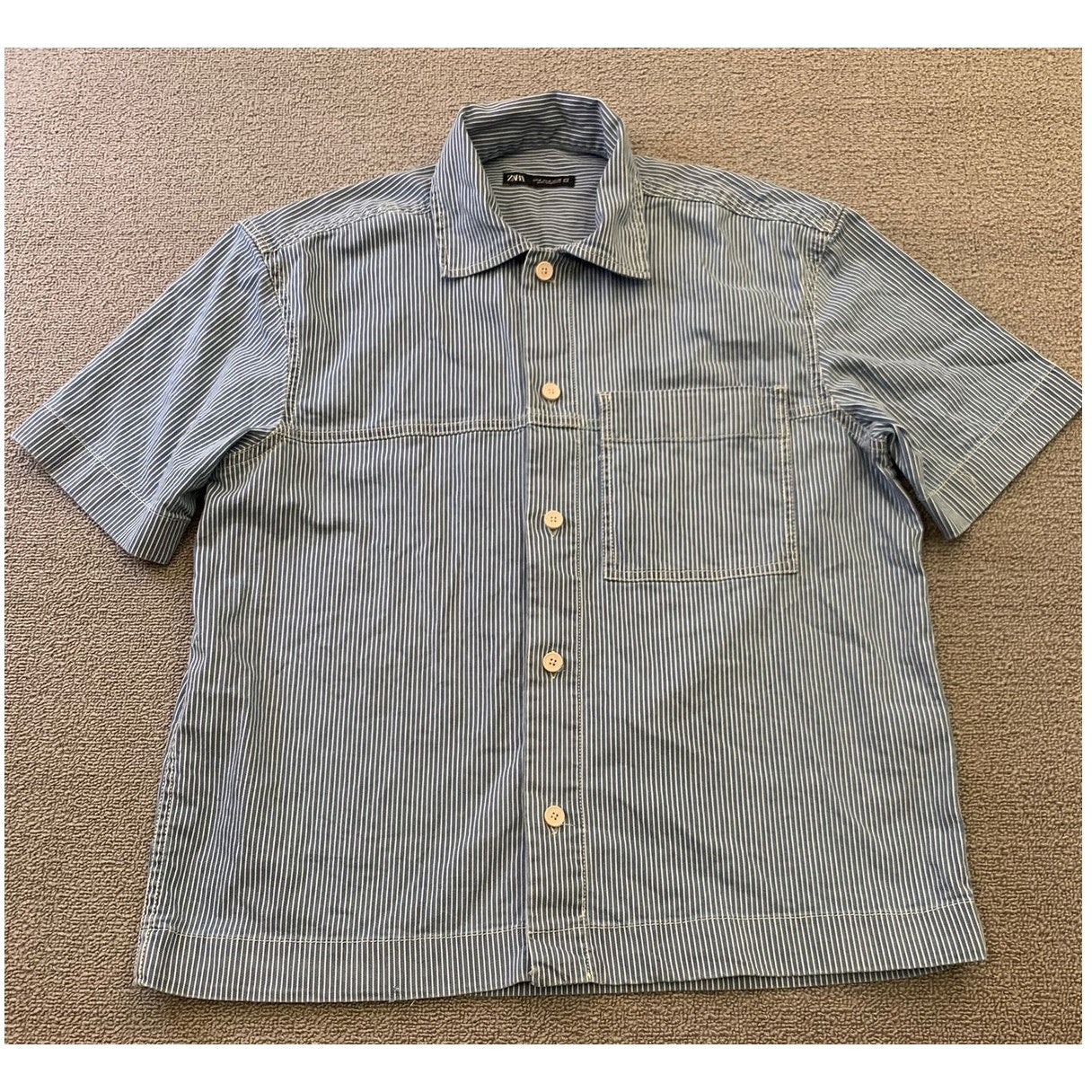 Zara Men's Medium Blue Striped Short Sleeve Button Up Work Shirt