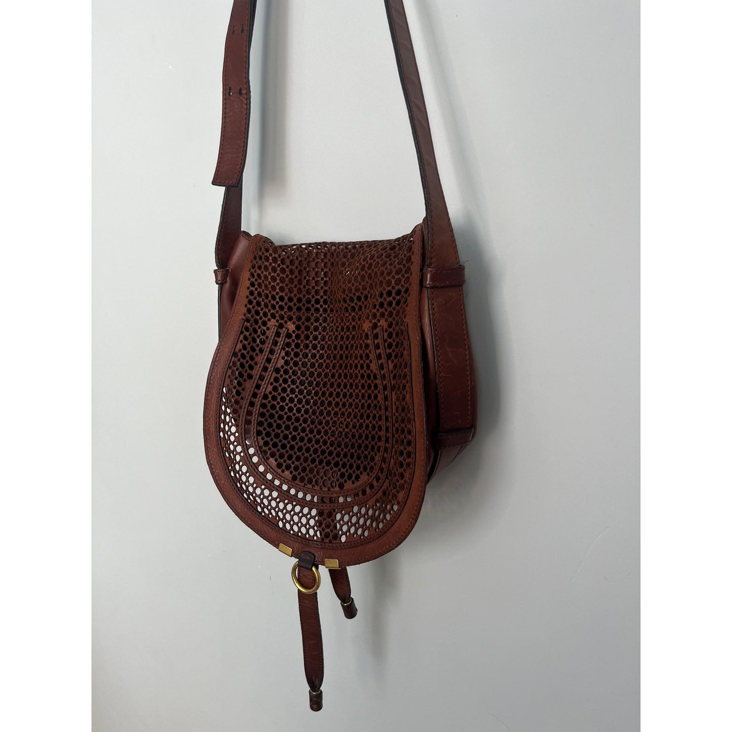 Chloe Crossbody Bag Women Brown Perforated Leather Saddle Flap