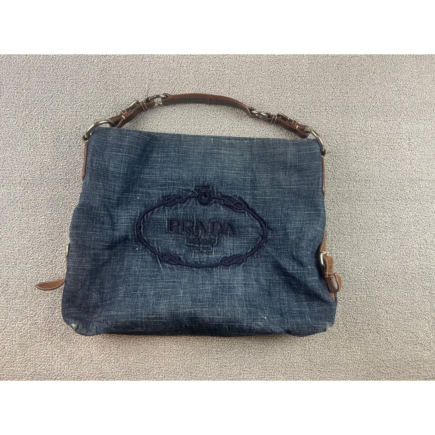 Authentic Prada Milano Blue Women's Washed Denim Logo Hobo Handbag
