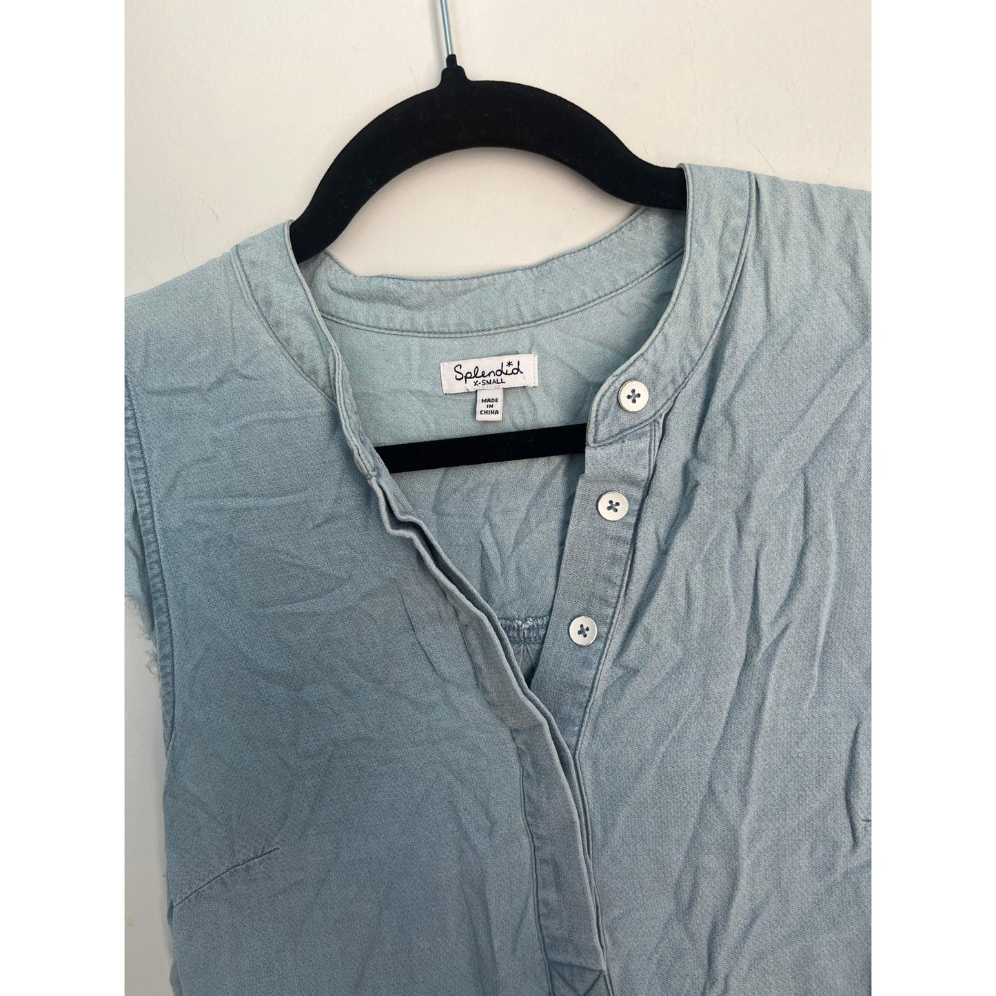 Splendid Sleeveless Henley Dress Women XS Blue Chambray Frayed Hem Casual
