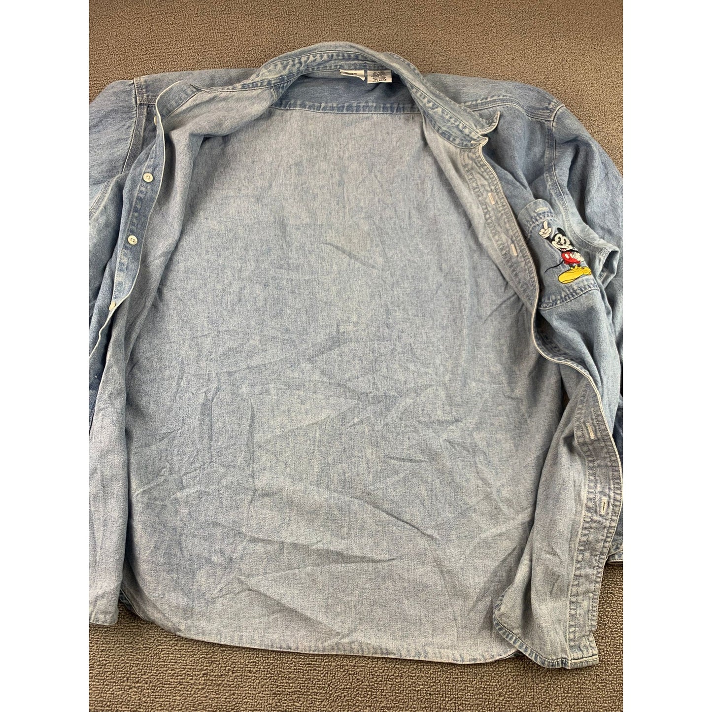 Vintage Disney Store Men's XXL Blue Denim Shirt Long Sleeve Mickey Flip Coin