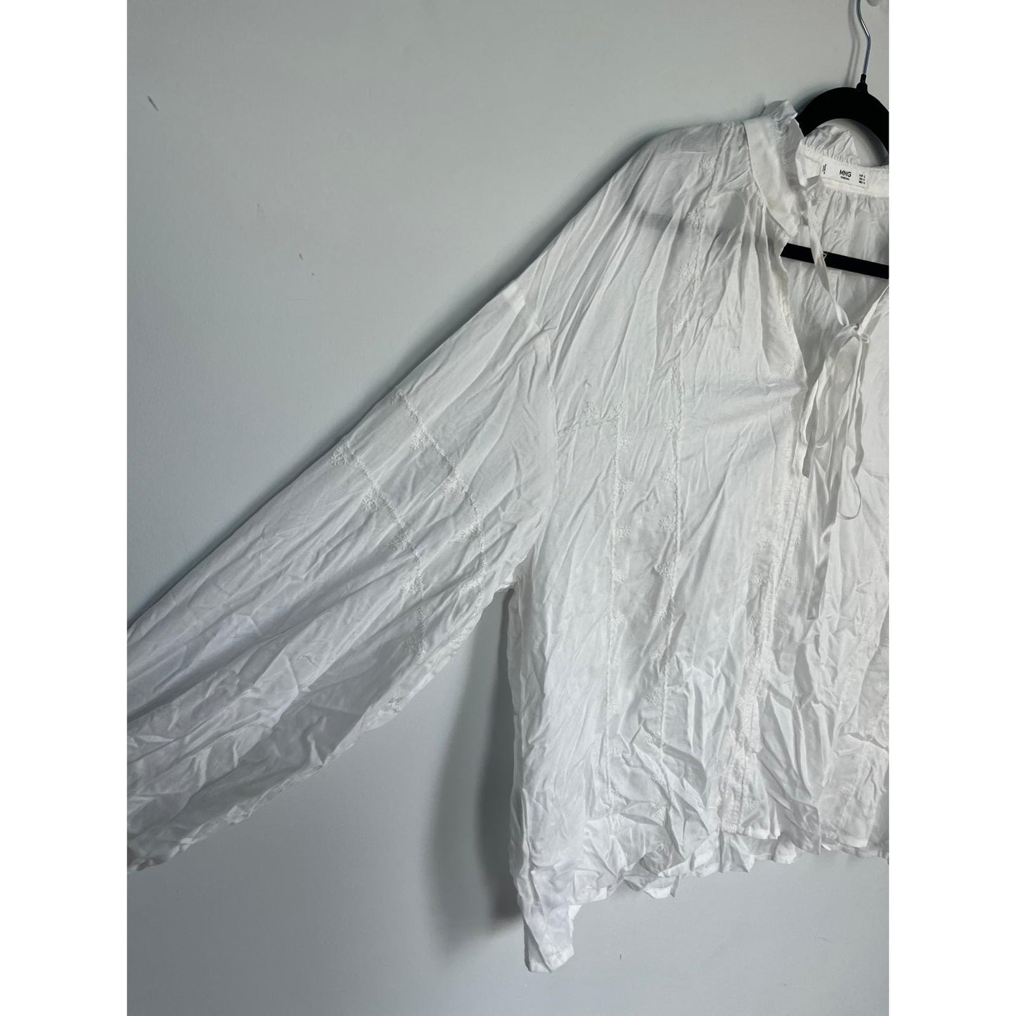 MNG White Blouse Women 8 Sheer Long Sleeve Ruffle Collar Tie Neck Lightweight