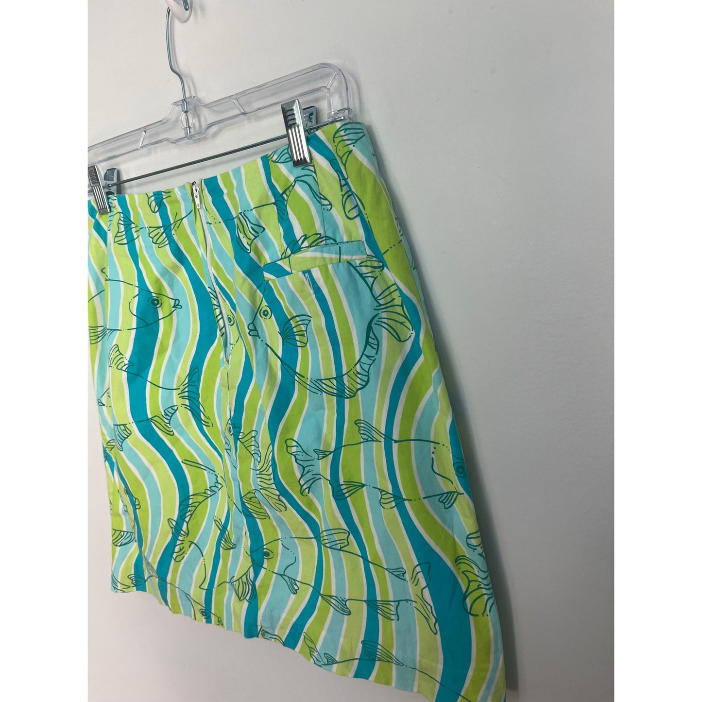 Lilly Pulitzer Mini Vintage Skirt Women 6 Green Blue Fish Print Cotton Beach