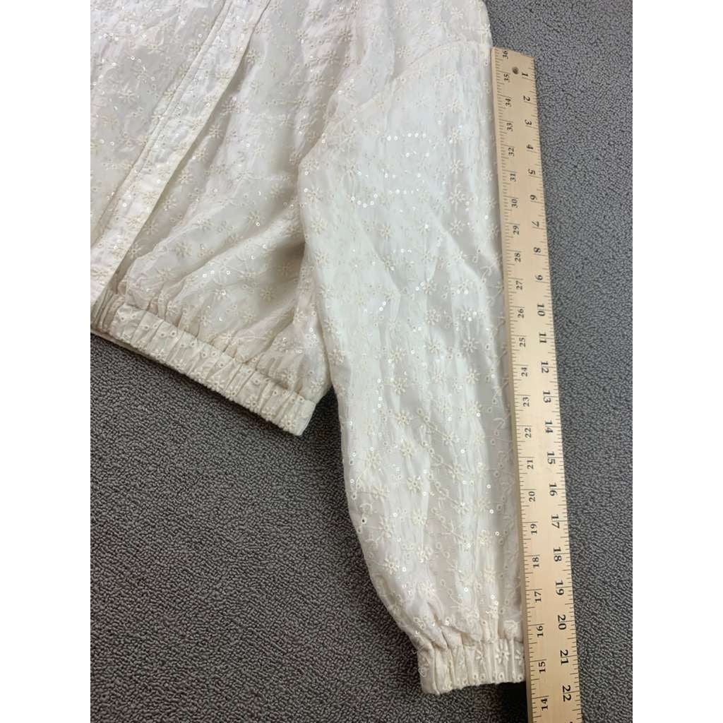 Zara Embroidered Jacket Kids13-14 Cream Floral Eyelet Bomber Elastic Hem