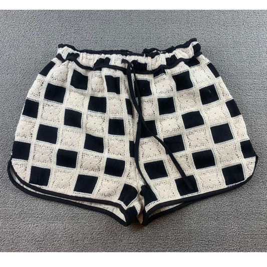 Strut & Bolt Women S Black White Crochet Lounge Shorts Checkerboard Drawstring