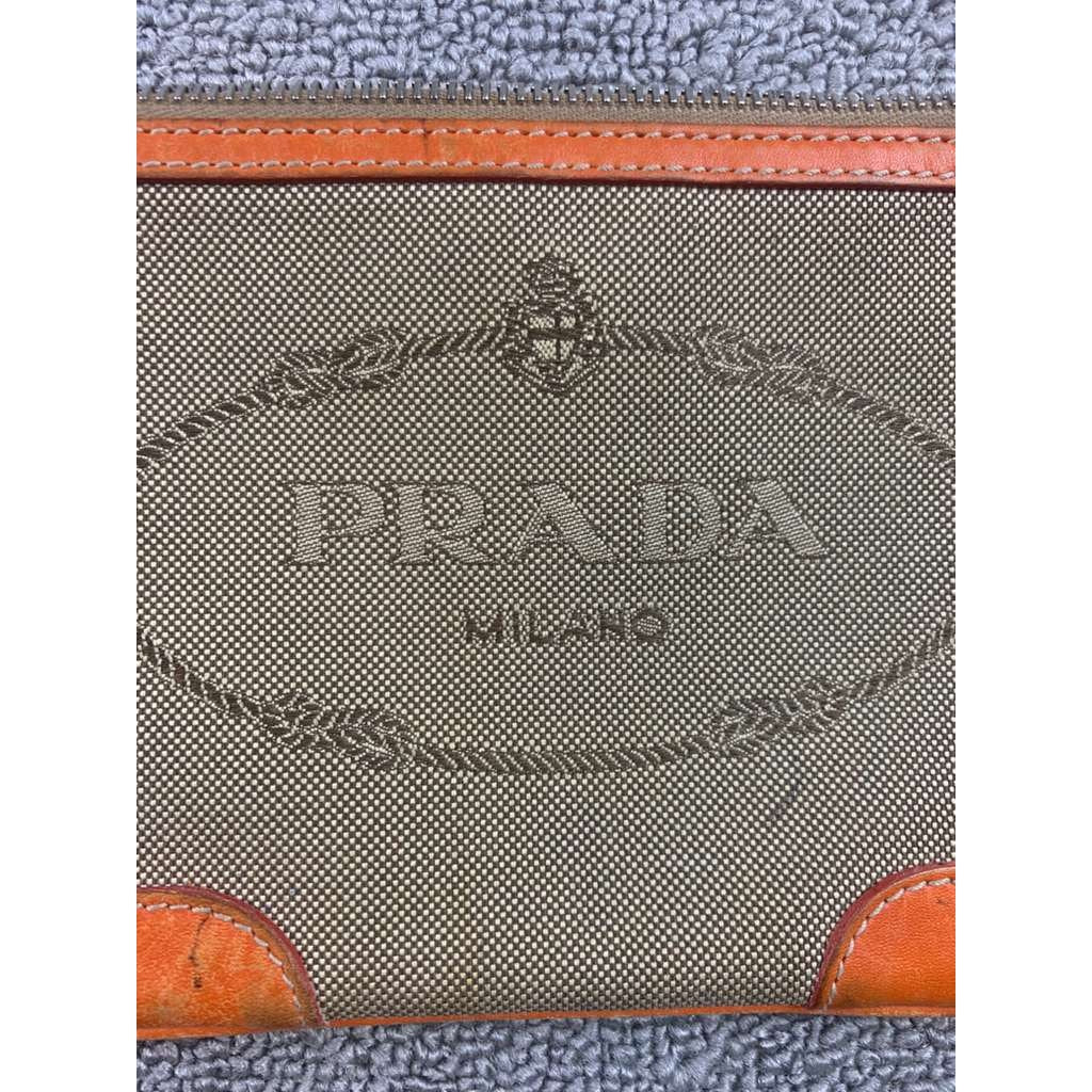 Authentic Prada Jacquard Pouch in Brown/Beige Canvas and Orange Leather Rare
