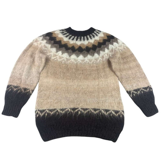 Bolivian Handknits Sweater Women M Beige Alpaca Wool Hand Knit Yoke Crewneck