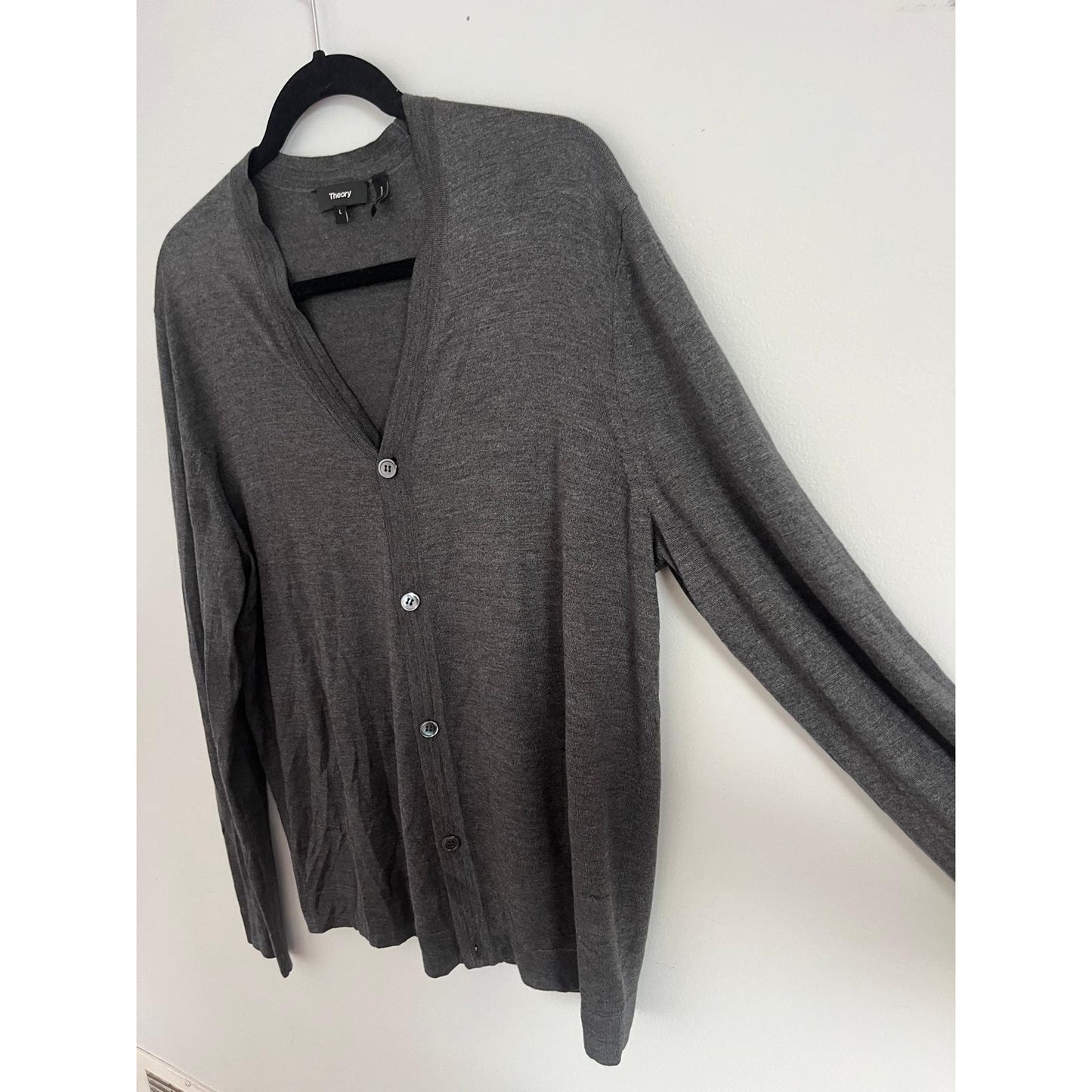 Theory Cardigan Sweater Men L Gray Lightweight Button Front Merino Blend