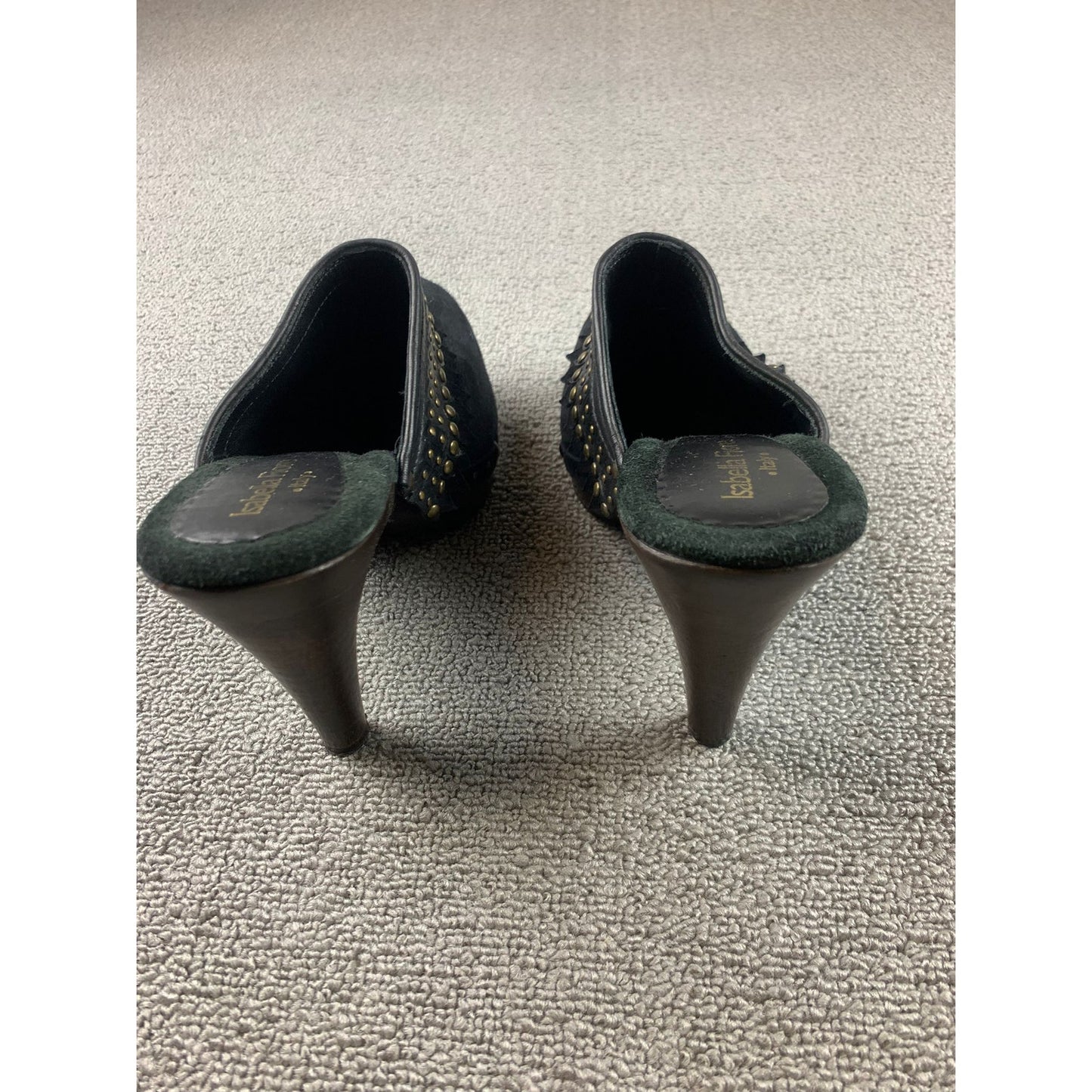 Isabella Fiore Suede Clogs Heel Shoes Womens 8 Made in Italy Fringe Studded