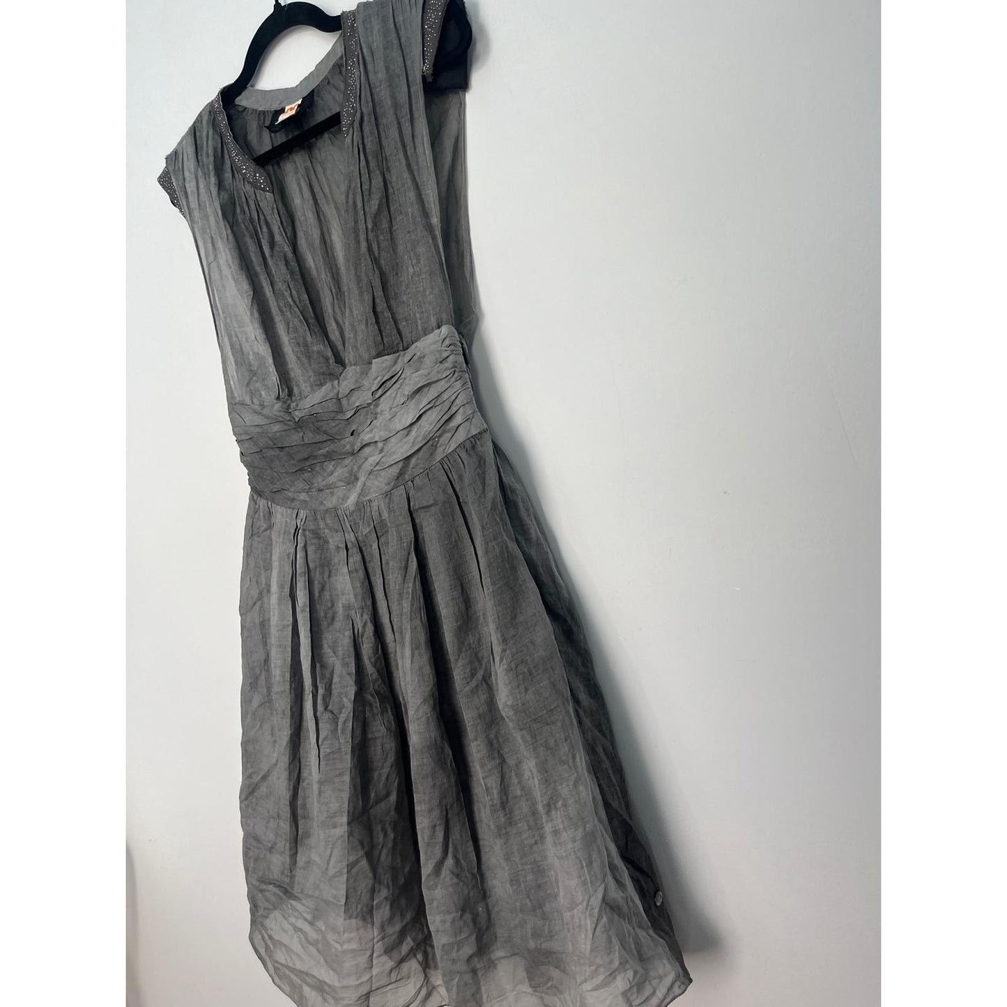 Boss Orange Gray Dress Women 6 Pleated Sheer Cap Sleeve Embellished Waist