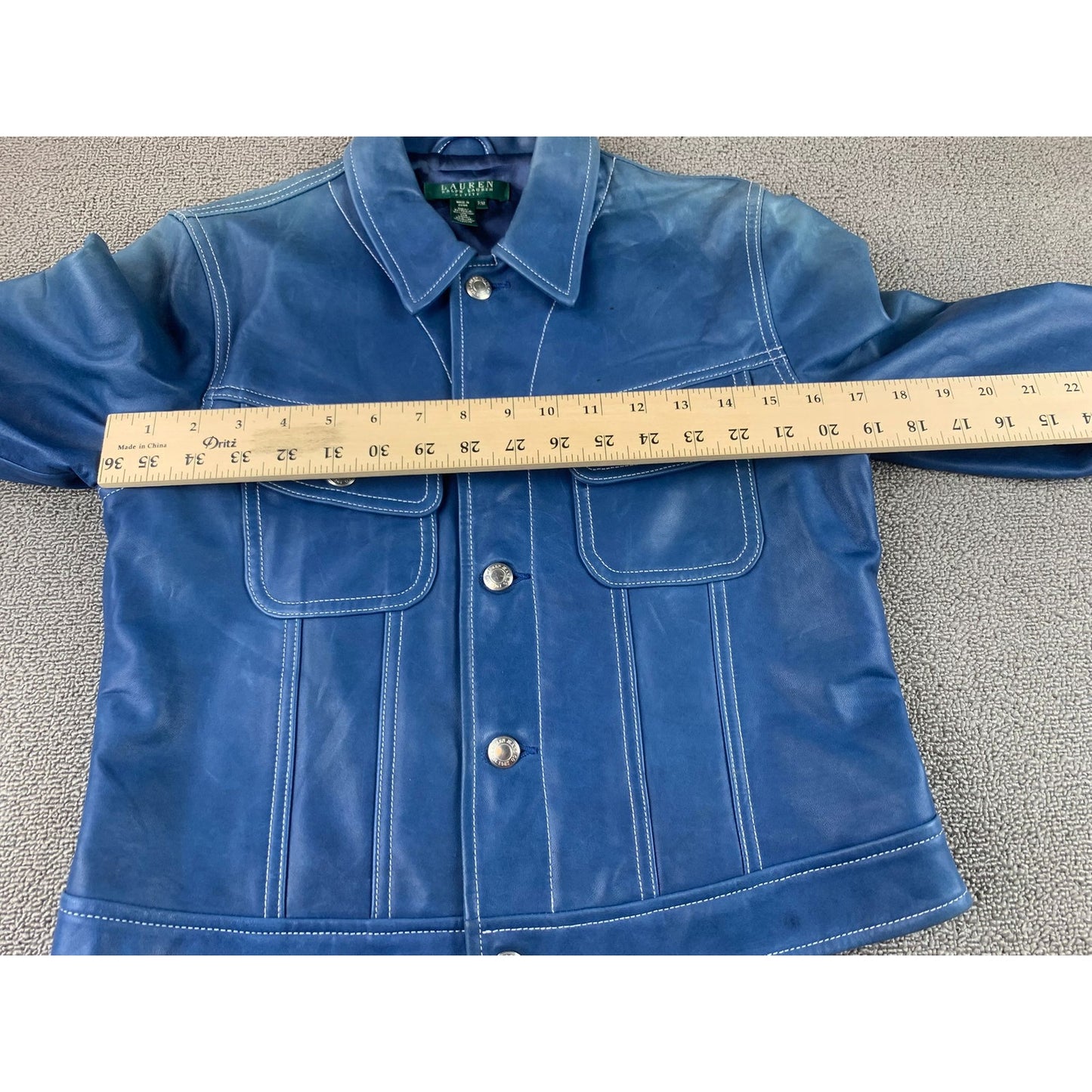 Y2K Lauren Ralph Lauren Women's Medium Blue 100% Leather Trucker Jacket