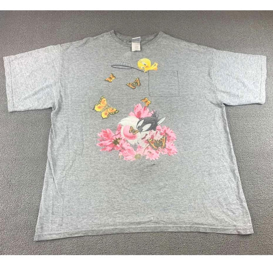 Y2K Looney Tunes T Shirt Men XL Gray Tweety Sylvester Graphic Short Sleeve