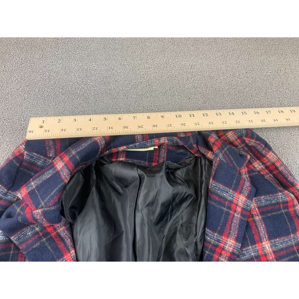 Love & Other Things Women M Navy Red Plaid Over Coat With Pockets