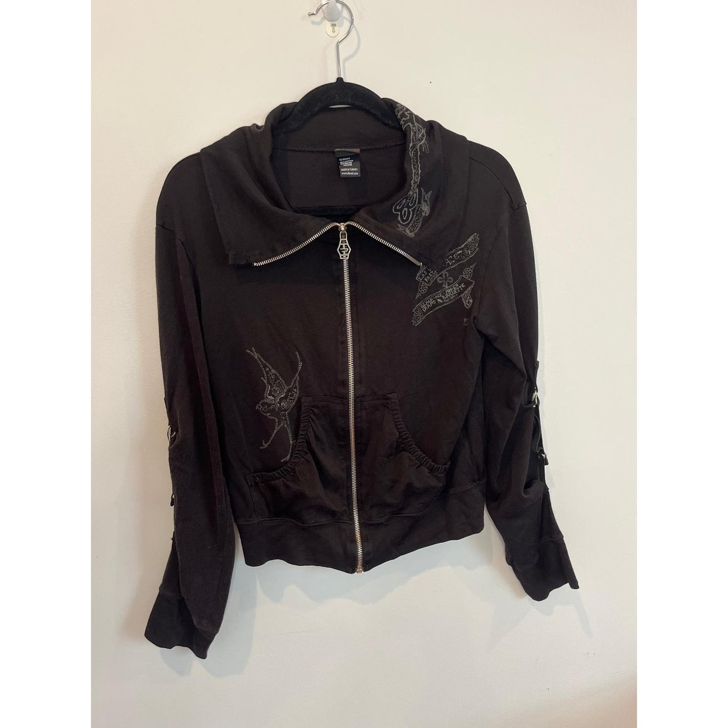 Diesel Zip Hoodie Women L Tattoo Swallow Embroidery Black Vintage