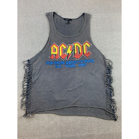 Forever 21 Women Large Gray AC/DC Graphic Fringe Cut-Out Tank Top