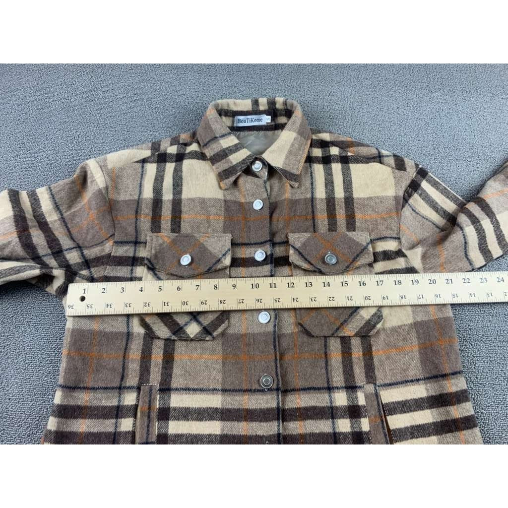 BoutiKome Plaid Shacket Womens S Tan Brown Brown Plaid Button Flannel Pockets