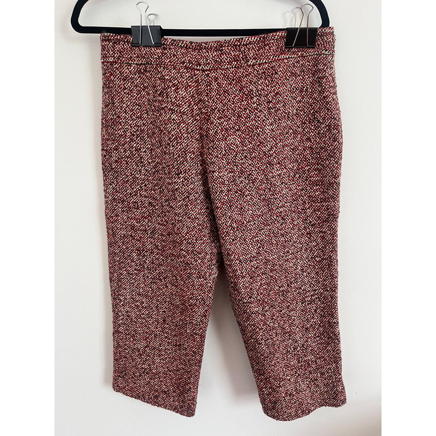 Cacharel Tweed Cropped Pants Women 42 Red Black Wool Blend Bouclé Trousers