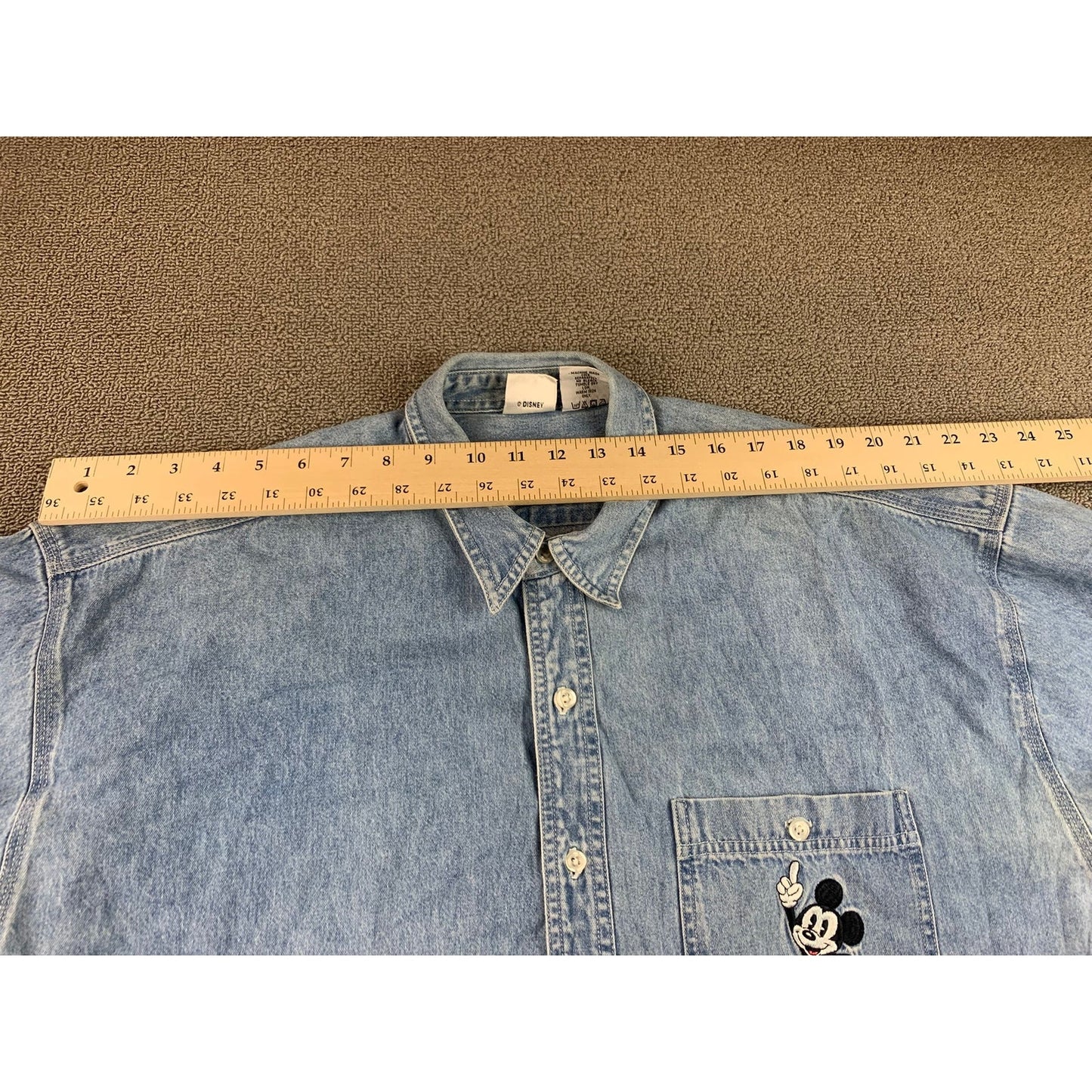 Vintage Disney Store Men's XXL Blue Denim Shirt Long Sleeve Mickey Flip Coin
