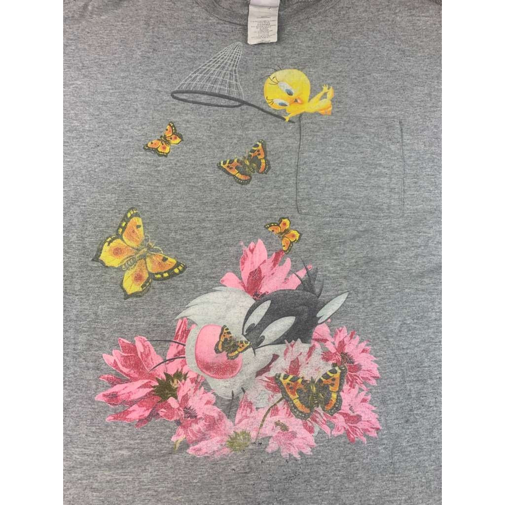 Y2K Looney Tunes T Shirt Men XL Gray Tweety Sylvester Graphic Short Sleeve